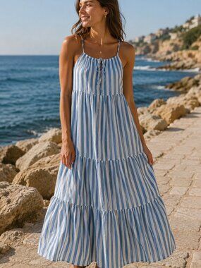 💙🤍 Old Navy Blue & White Striped Tiered Maxi Dress | Size Small 🤍💙